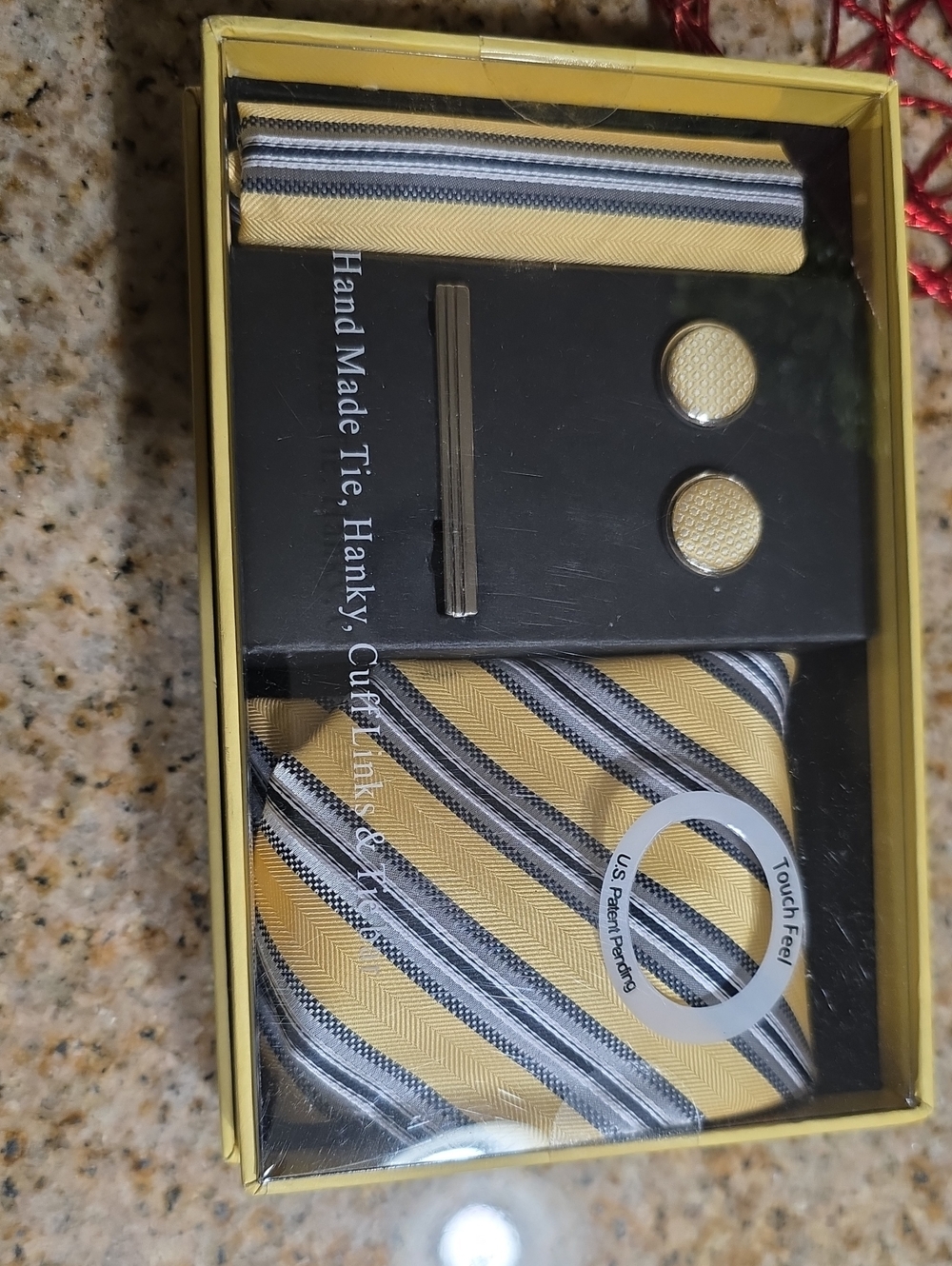 New Striped Yellow, Gray And Black Tie Set with Tie Bar and Cufflinks
